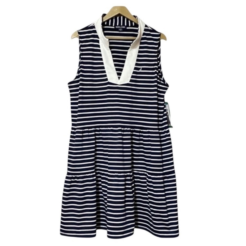 NAUTICA Tiered Mini Dress Womens Large Navy White Striped Sleeveless Pockets NWT - Picture 2 of 16